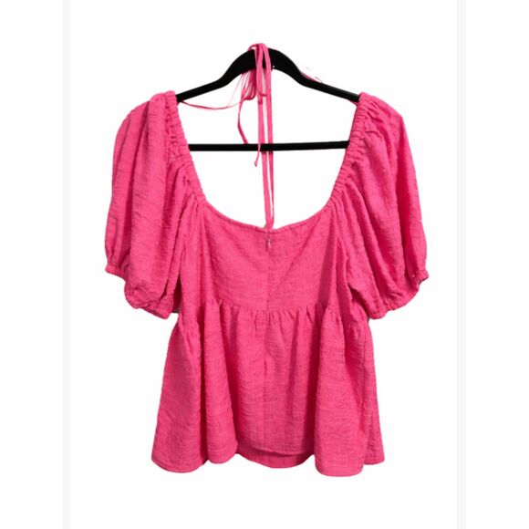 214 Pink Textured Puff Sleeve Babydoll Top Tie Front, Open Back, Feminine Blouse - Picture 3 of 5